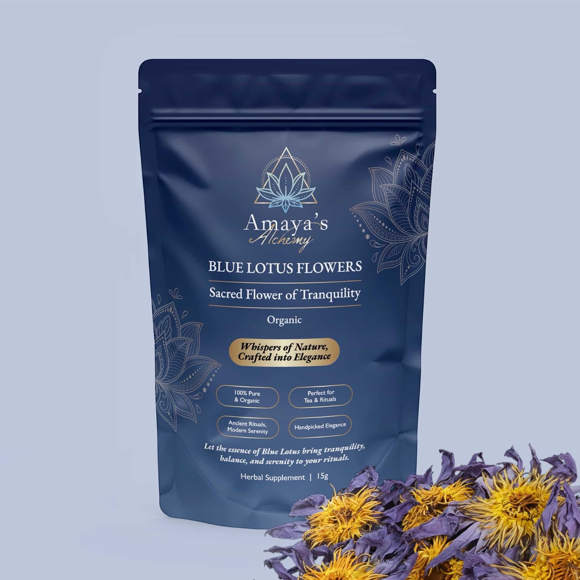 Mock-Up-Blue-Lotus-Amaya-met-bloem Blauwe Lotus Bloem Bio (Amaya’s Alchemy) 15 of 50g hele bloemen – Whole Blue Lotus - Afbeelding 1